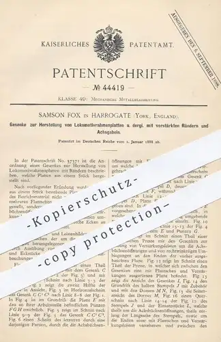 original Patent - Samson Fox , Harrogate , York , England , 1888 , Gesenke für Lokomotivrahmenplatten | Eisenbahn , Lok