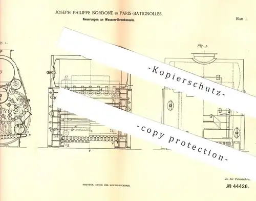original Patent - Joseph Philippe Bordone , Paris / Batignolles , 1887 , Wasserröhrenkessel | Kessel , Dampfkessel !!!