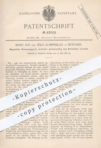 original Patent - Ernst Ruf , W. Kumpfmiller , München , 1887 , Doppelter Kreuzsupport | Reitstock , Metall , Werkzeug