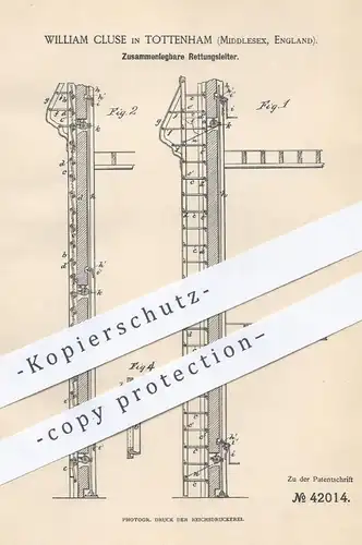original Patent - William Cluse , Tottenham , Middlesex , England , 1887 , Rettungsleiter | Leiter , Feuerwehr , Rettung