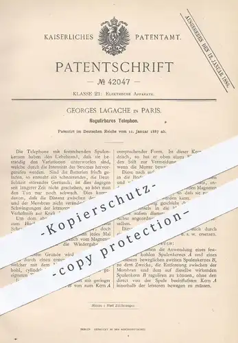 original Patent - Georges Lagache , Paris , 1887 , Regulierbares Telefon | Telefonie , Elektriker , Elektrik , Strom !!