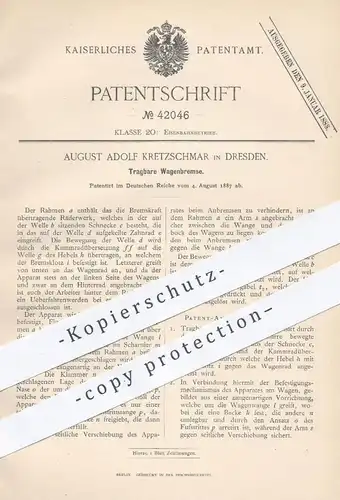 original Patent - August Adolf Kretzschmar , Dresden , 1887 , Tragbare Wagenbremse | Bremse , Bremsen , Eisenbahn !!!