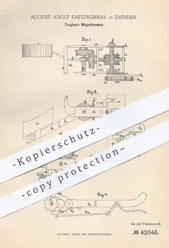 original Patent - August Adolf Kretzschmar , Dresden , 1887 , Tragbare Wagenbremse | Bremse , Bremsen , Eisenbahn !!!