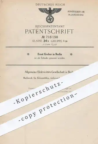 original Patent - Ernst Kreher , Allg. Elektrizitätsges. , Berlin , 1938 , Mahlwerk für Mühlen | Kaffemühle , Mühle !!!