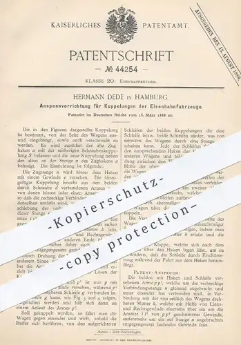 original Patent - Hermann Dede , Hamburg , 1888 , Anspannen der Kupplungen bei Eisenbahnen | Eisenbahn , Lokomotive !!!