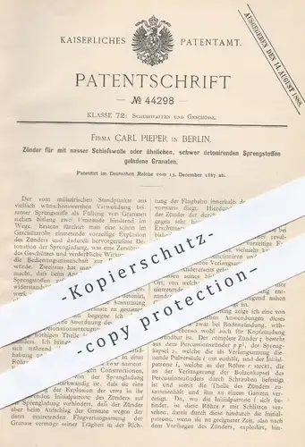 original Patent - Carl Pieper , Berlin , 1887 , Zünder für mit Sprengstoff geladene Granaten | Waffen , Geschosse !!