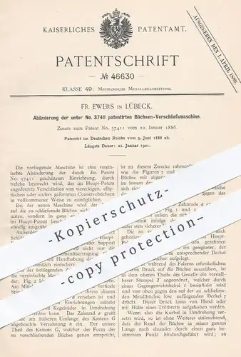 original Patent - Fr. Ewers , Lübeck , 1888 , Büchsen - Verschließmaschine | Konserven , Büchse , Dose , Metall , Blech