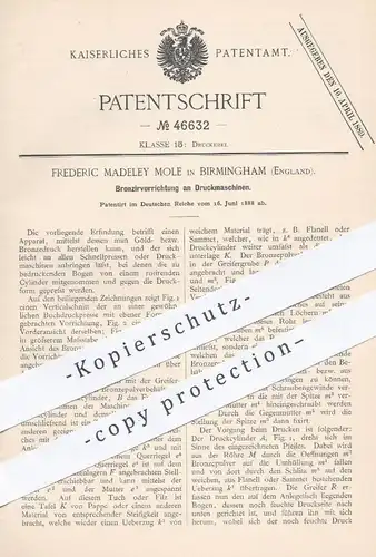 original Patent - Frederic Madeley Mole , Birmingham England 1888 , Druckmaschinen für Bronze- u. Gold - Druck | Presse