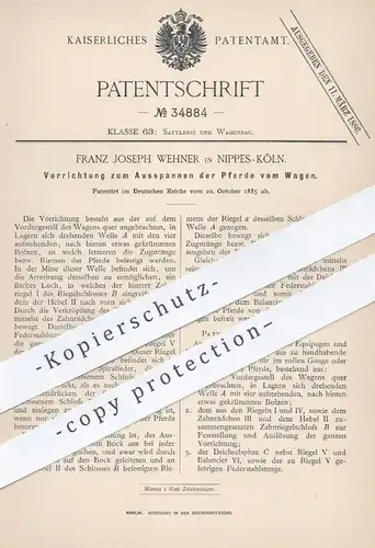 original Patent - Franz Joseph Wehner , Köln / Nippes , 1885 , Ausspannen der Pferde vom Wagen | Pferdekutsche , Kutsche
