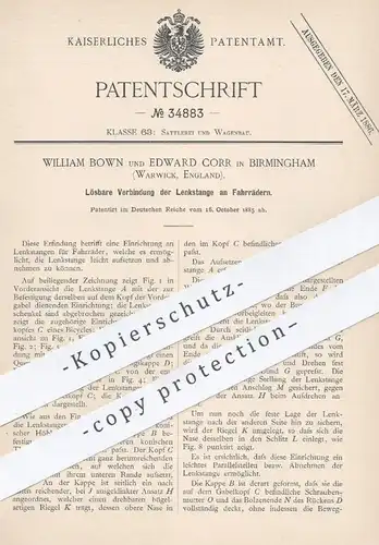 original Patent - William Brown , Edward Corr , Birmingham , Warwick , England , 1885 , Lenkstange am Fahrrad | Lenker