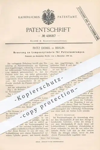 original Patent - Fritz Deimel , Berlin , 1888 , Lampenzylinder für Petroleum - Lampen | Lampe , Licht , Beleuchtung !!