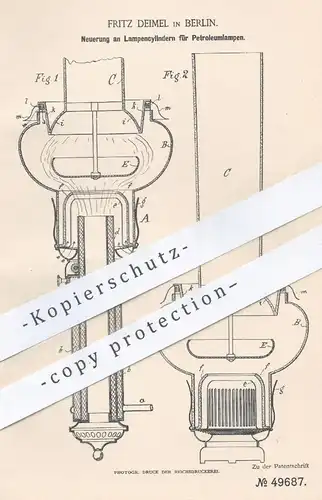 original Patent - Fritz Deimel , Berlin , 1888 , Lampenzylinder für Petroleum - Lampen | Lampe , Licht , Beleuchtung !!