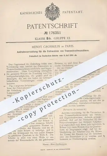 original Patent - Henry Grosselin , Paris , Frankreich , 1905 , Antrieb für Putzwalzen von Trommelrauhmaschine | Walzen