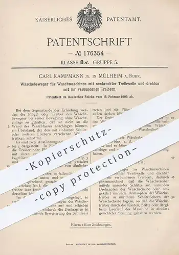 original Patent - Carl Kampmann Junior , Mülheim / Ruhr , 1905 , Wäschebeweger für Waschmaschinen | Waschmaschine !!
