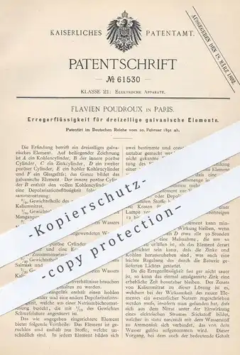 original Patent - Flavien Poudroux , Paris , 1891 , Erregerflüssigkeit für dreizählige galvanische Elemente | Elektriker