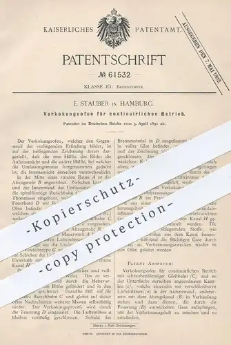 original Patent - E. Stauber , Hamburg , 1891 , Verkokungsofen | Koks , Kohle , Ofen , Öfen , Ofenbauer , Brennstoffe