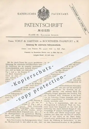 original Patent - Voigt & Haeffner , Frankfurt / Bockenheim , 1891 , Sicherung für elektr. Schraubkontakte | Elektriker