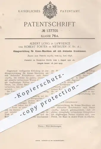 original Patent - Albert Long , Lawrence | Robert Foster , Methuen , USA , 1901 , Abzug für Kämm - Maschinen | Kamm !!
