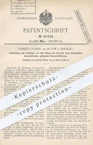 original Patent - Elsbeth Kaiser geb. Bülow , Breslau , 1906 , Auffangen von Kohle an Ofentür | Ofen , Ofenbauer , Öfen