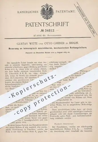 original Patent - Gustav Witte , Otto Greiner , Berlin , teleskopisch ausziehbare , mechanische Rettungsleiter | Leiter