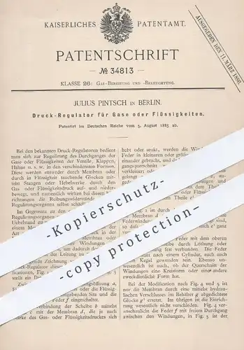original Patent - Julius Pintsch , Berlin , 1885 , Druck - Regulator für Gase oder Flüssigkeiten | Gas , Lampe , Brenner