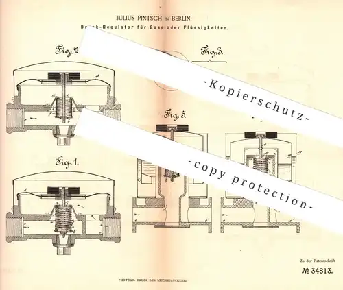 original Patent - Julius Pintsch , Berlin , 1885 , Druck - Regulator für Gase oder Flüssigkeiten | Gas , Lampe , Brenner