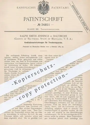 original Patent - Ralph Smith Jennings , Baltimore ,  Maryland , USA , 1884 , Ventilation für Trockner | Ventilator