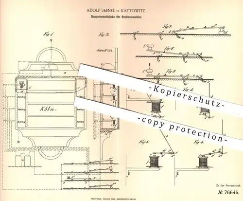 original Patent - Adolf Jeenel , Kattowitz , 1893 , Doppelschaltklinke für Stationsmelder | Eisenbahn , Eisenbahnen !!!