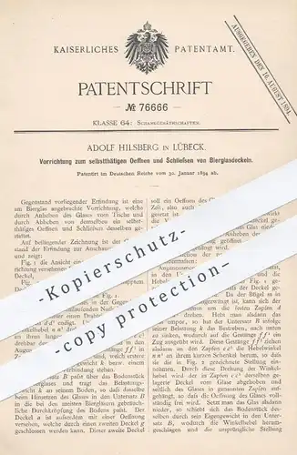original Patent - Adolf Hilsberg , Lübeck , 1894 , Öffnen u. Schließen der Bierglas - Deckel | Glas , Bierkrug , Krug