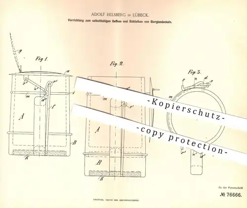 original Patent - Adolf Hilsberg , Lübeck , 1894 , Öffnen u. Schließen der Bierglas - Deckel | Glas , Bierkrug , Krug