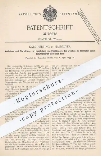 original Patent - Karl Herting , Hannover 1893 , Herstellung von Florband , Flor , Band , Stoff , Gewebe | Weben , Weber
