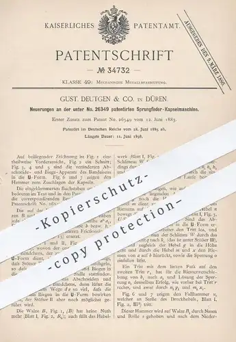 original Patent - Gust. Deutgen & Co. , Düren , 1885 , Sprungfeder - Kapselmaschine | Metall , Eisen , Metallbearbeitung