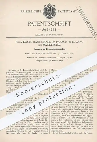 original Patent - Koch , Bantelmann & Paasch , Magdeburg / Buckau , 1885 , Expansionsapparat | Regulator , Dampfmaschine