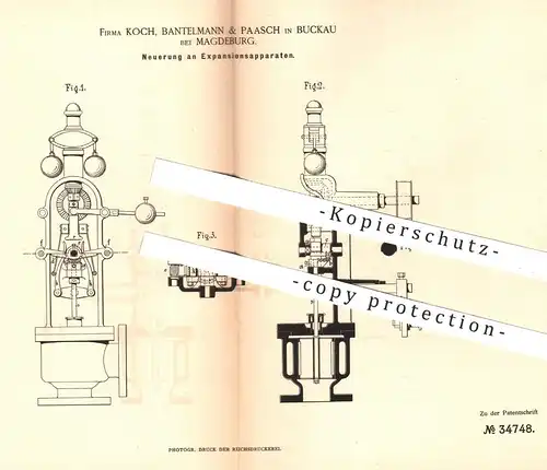 original Patent - Koch , Bantelmann & Paasch , Magdeburg / Buckau , 1885 , Expansionsapparat | Regulator , Dampfmaschine
