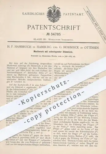 original Patent - H. F. Hambruch , Hamburg | G. Hornfeck , Ottensen , 1885 , Musikwerk mit Stimmlade | Musik !!