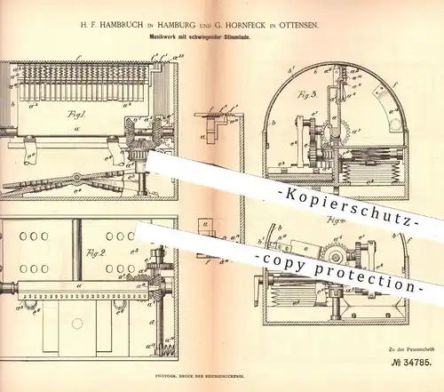 original Patent - H. F. Hambruch , Hamburg | G. Hornfeck , Ottensen , 1885 , Musikwerk mit Stimmlade | Musik !!