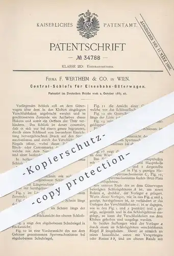 original Patent - F. Wertheim & Co. , Wien , 1885 , Schloss für Eisenbahn - Güterwagen | Eisenbahnen , Schlosser !!