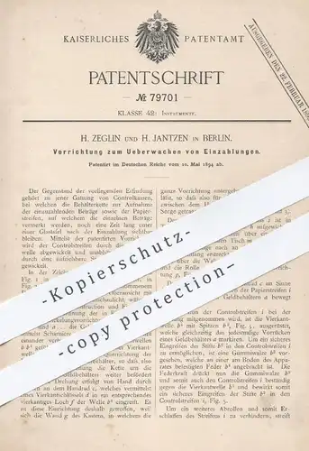 original Patent - H. Zeglin , H. Jantzen , Berlin , 1894 , Überwachen von Einzahlungen | Kasse , Kassen , Kassensystem