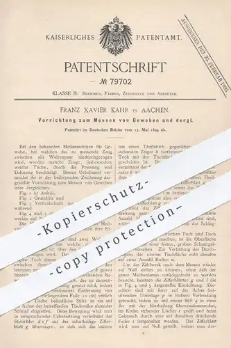 original Patent - Franz Xavier Kahr , Aachen , 1894 , Messen von Gewebe , Stoff , Tuch , Stoffe | Walze , Walzen