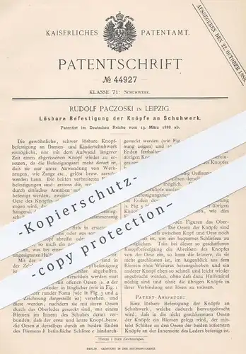 original Patent - Rudolf Paczoski , Leipzig , 1888 , Befestigung der Knöpfe an Schuhwerk | Knopf , Schuhe , Schuster !!