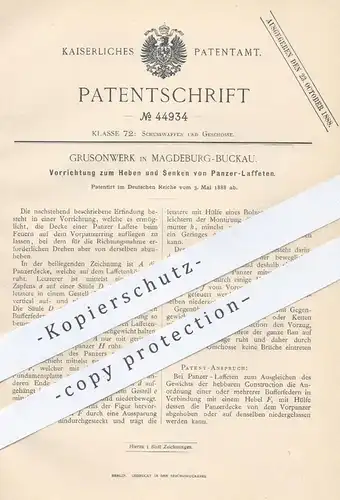 original Patent - Grusonwerk Magedeburg / Buckau , 1888 , Heben u. Senken von Panzer - Laffeten | Waffe , Geschütz !!