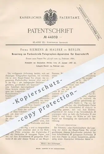 original Patent - Siemens & Halske , Berlin , 1888 , Farbschreib - Telegraph für Querschrift | Telegraphen , Elektriker
