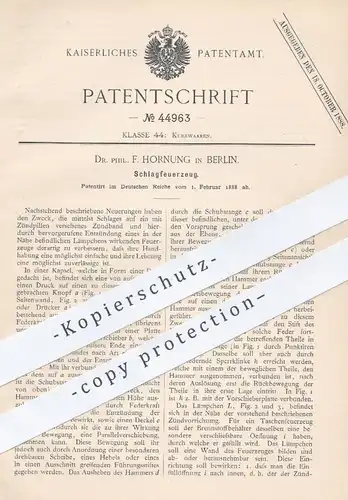 original Patent - Dr. Phil. F. Hornung , Berlin , 1888 , Schlagfeuerzeug | Feuerzeug , Zündpillen , Zündung , Feuer !!