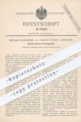 original Patent - Michael Hollrieder , Johann Sturm , München , 1894 , Rauchverzehrende Feuerungsanlage | Heizung , Ofen