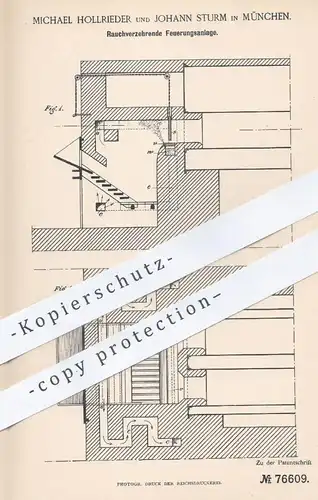 original Patent - Michael Hollrieder , Johann Sturm , München , 1894 , Rauchverzehrende Feuerungsanlage | Heizung , Ofen
