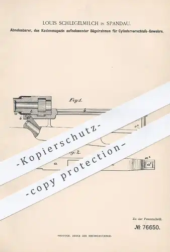 original Patent - Louis Schlegelmilch , Berlin / Spandau , 1893 , Bügelrahmen für Zylinderverschluss - Gewehr | Waffen