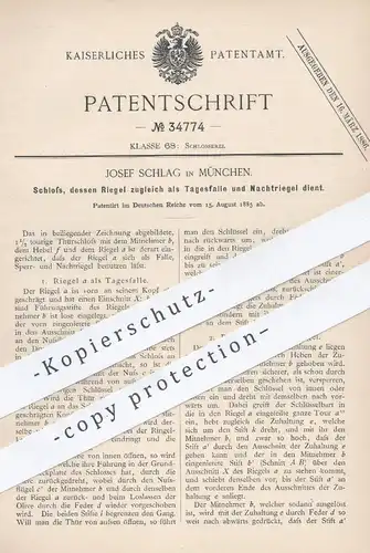original Patent - Josef Schlag , München , 1885 , Schloss | Türschloss , Schlosser , Riegel , Tür , Schlösser !!!