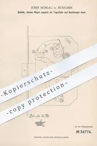 original Patent - Josef Schlag , München , 1885 , Schloss | Türschloss , Schlosser , Riegel , Tür , Schlösser !!!