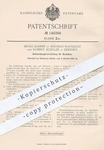 original Patent - Hugo Damme , Robert Schulze , Dresden / Nauszlitz , 1902 , Backofen - Licht - Linse | Lampe , Ofen !!!