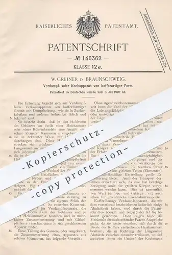 original Patent - W. Greiner , Braunschweig , 1902 , Apparat zum Kochen , Verdampfen | Zucker , Zuckerfabrik , Heizung